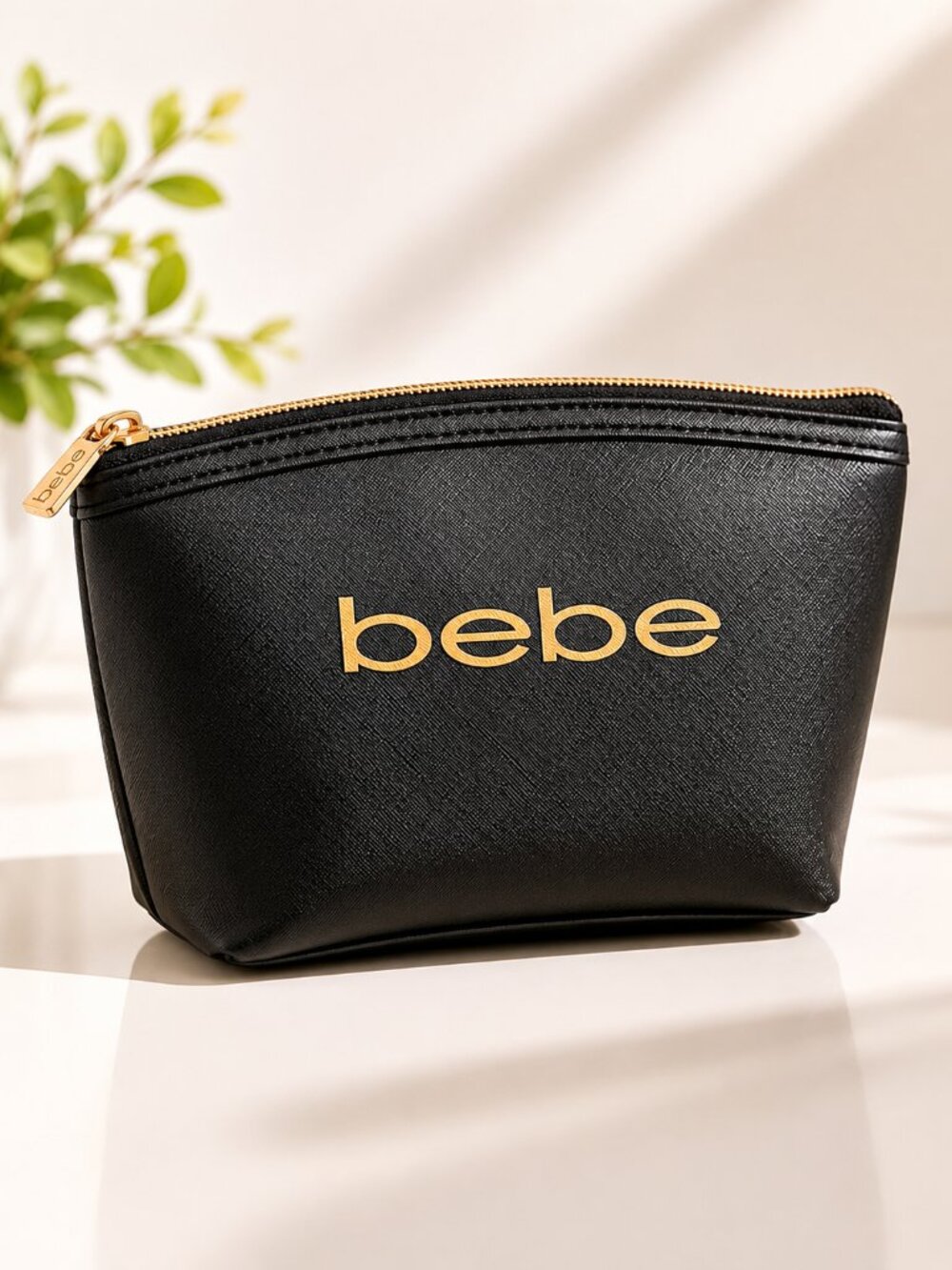 bebe Black Faux Leather Cosmetic Case Makeup Bag Travel Organizer
